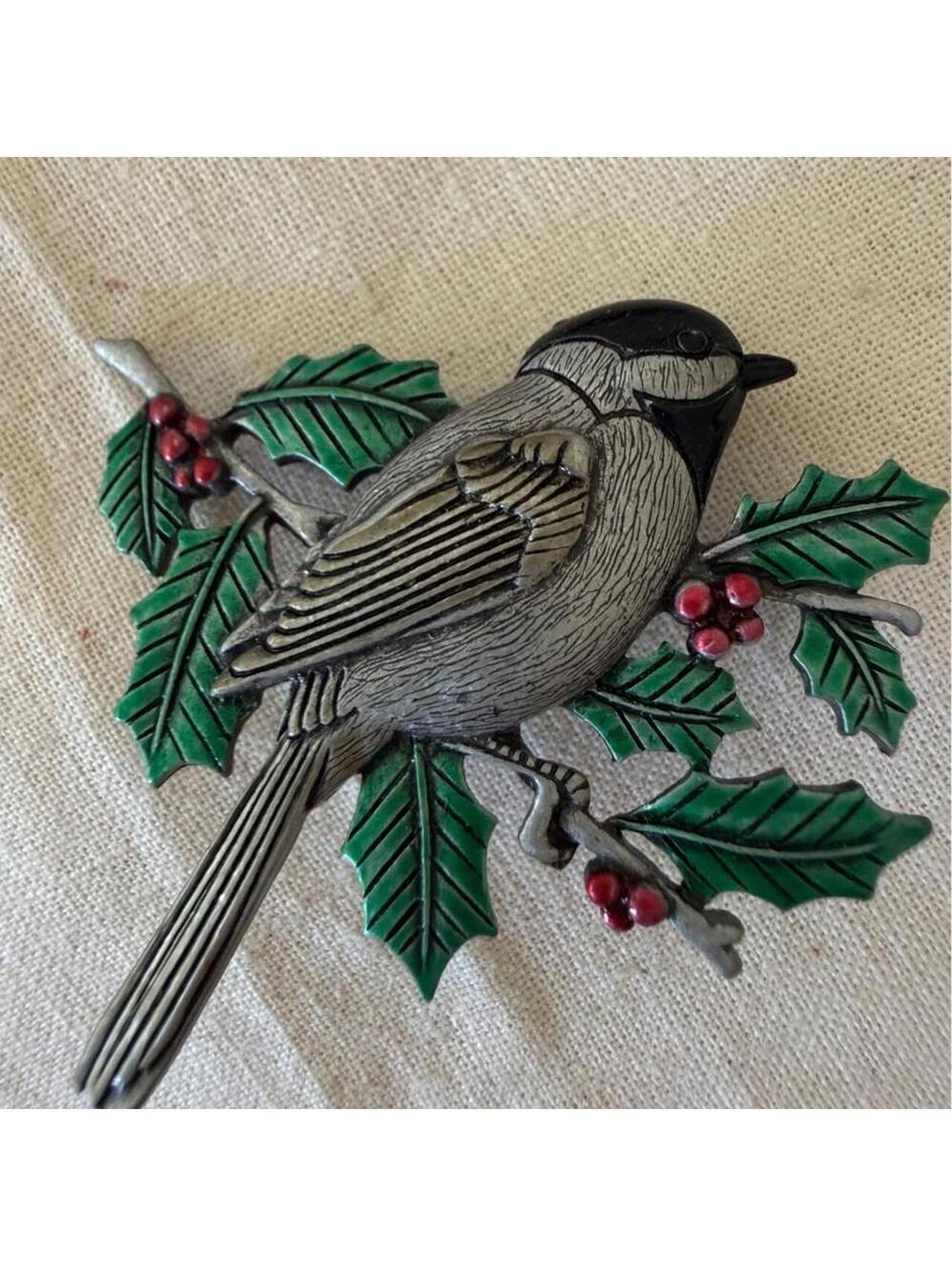 Vintage Signed JJ Jonette Chickadee Holly Brooch 1980s